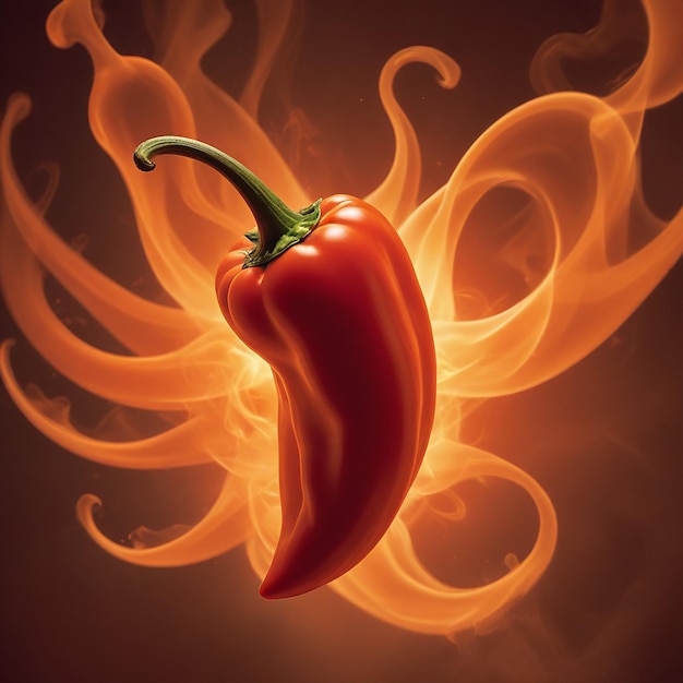 a picture of a red pepper with flames in the background