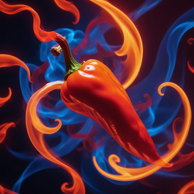 a picture of a red pepper with flames on a black background