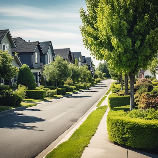 Photo a picture of a residential street with a tree in the middle