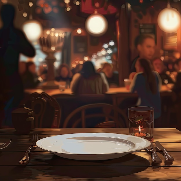 a picture of a restaurant with a plate on the table and a woman in the background