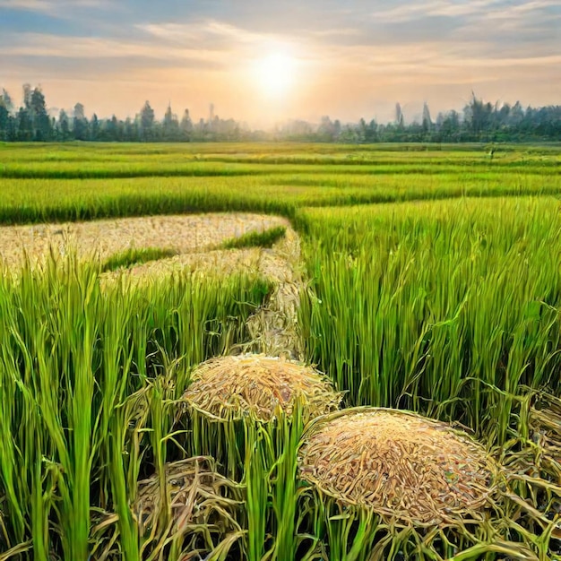 Photo a picture of rice plants with the sun setting behind them