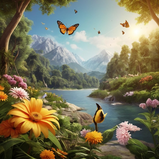 a picture of a river with butterflies and flowers