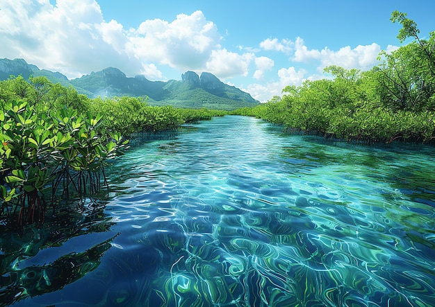 a picture of a river with a mountain in the background