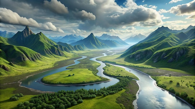 a picture of a river with mountains in the background