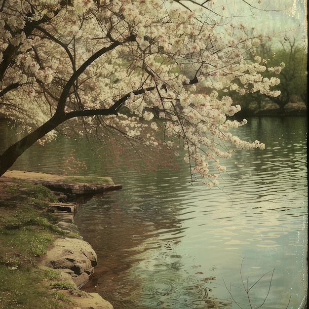 Photo a picture of a river with a tree and a pond with a pond in the background