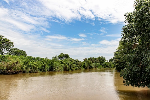 A picture of a riverside landscape in Thailand during the day The sunlight is bright with trees covering the shore blue sky