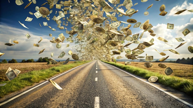 Photo a picture of a road with a bunch of money flying over it