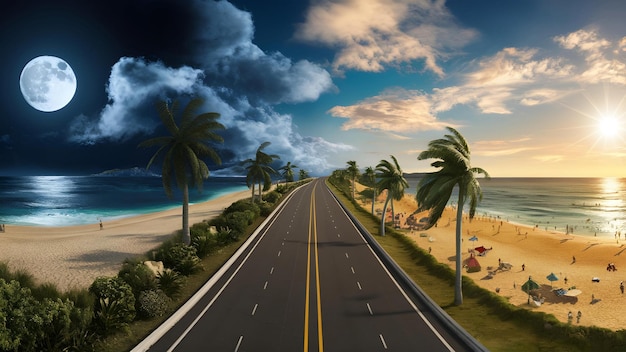 a picture of a road with palm trees and a beach