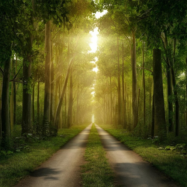 a picture of a road with a sun shining through the trees