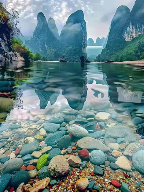 a picture of rocks and water with a sign in the background