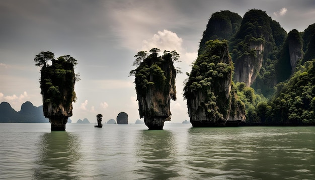 a picture of a rocky island with a boat in the water