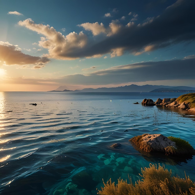 A picture of a rocky shore with a blue water and some rocks