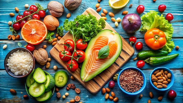 a picture of a salmon with vegetables and fruits and vegetables