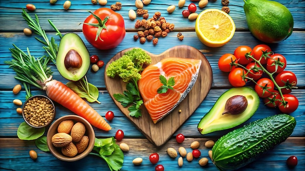 a picture of a salmon with vegetables and fruits and vegetables