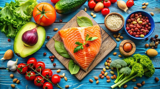 a picture of a salmon with vegetables and fruits and vegetables