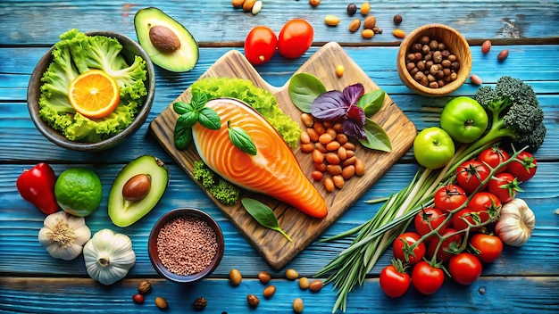 a picture of a salmon with vegetables and fruits and vegetables