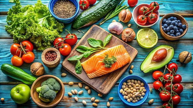 a picture of a salmon with vegetables and fruits and vegetables