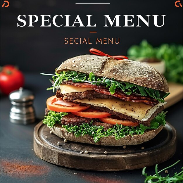 Photo a picture of a sandwich with the words special special special special menu on it