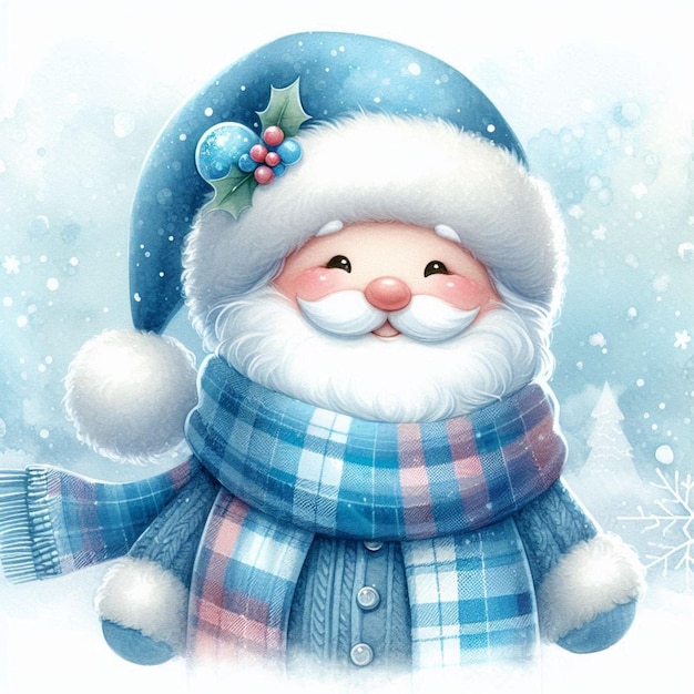 a picture of a santa claus in a blue and red plaid scarf