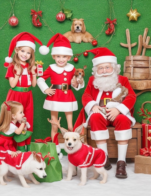 a picture of a santa claus and a dog with santa claus on the wall