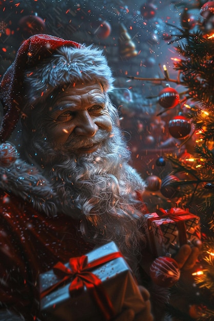 a picture of a santa claus holding a box with a christmas tree in the background