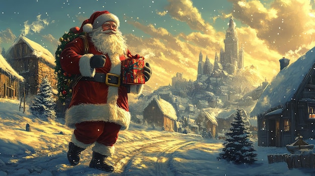 a picture of a santa claus with a bag of presents