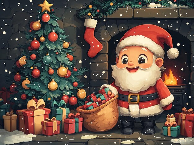 a picture of santa claus with a bag of presents