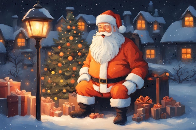 a picture of a santa sitting next to a christmas tree