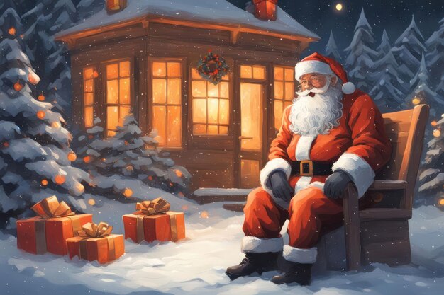 a picture of a santa sitting in front of a house with a santa claus on it