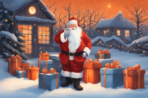 a picture of santa with a christmas tree in the background