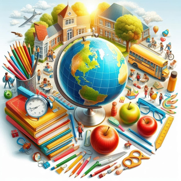 a picture of a school with a globe and school supplies around it