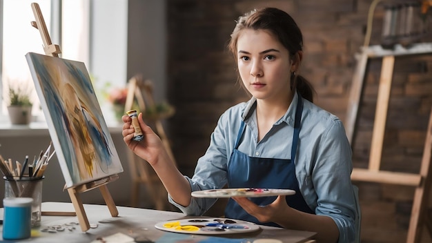 Picture of serious concentrated young caucasian female artist sitting at desk with painting accesso