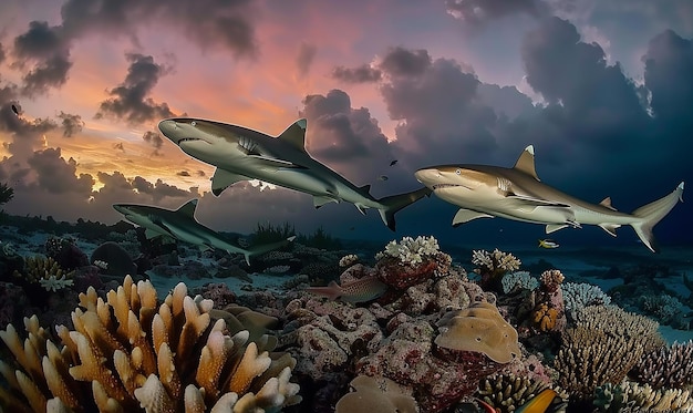 a picture of sharks and corals with one that says  shark