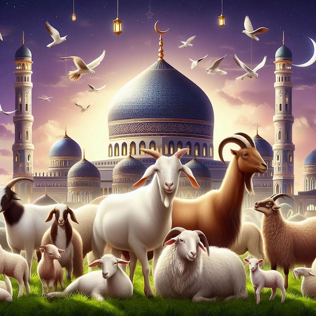 a picture of sheep and goats in front of a mosque