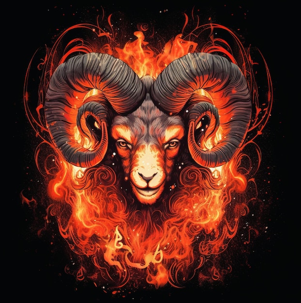 A picture of a sheep with a fire background and the words ram on it.