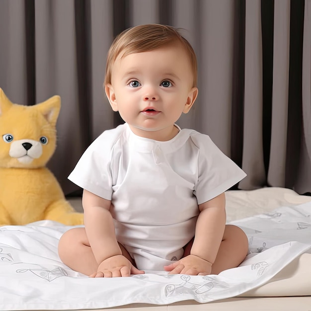 Picture showcasing a baby sitting on a bed