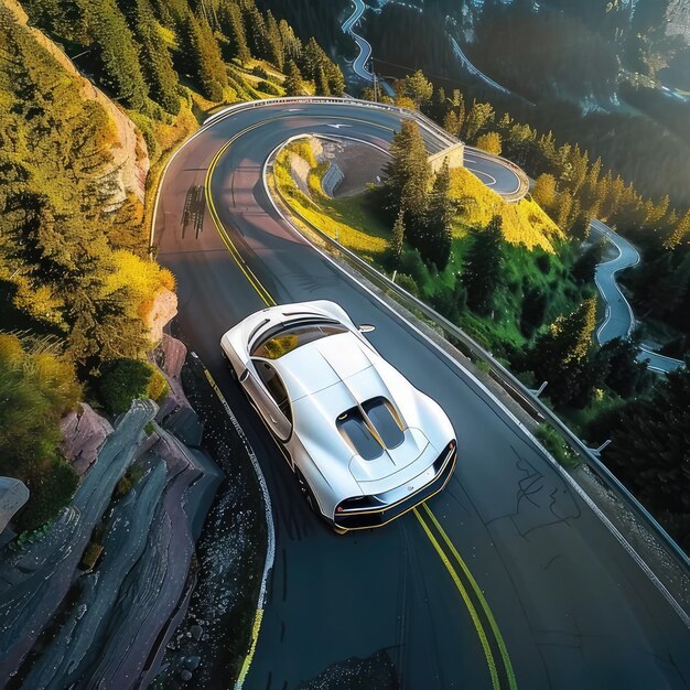 Photo picture showcasing a car driving down a winding road