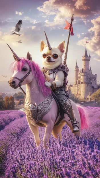 Photo picture showcasing a cat riding a unicorn horse