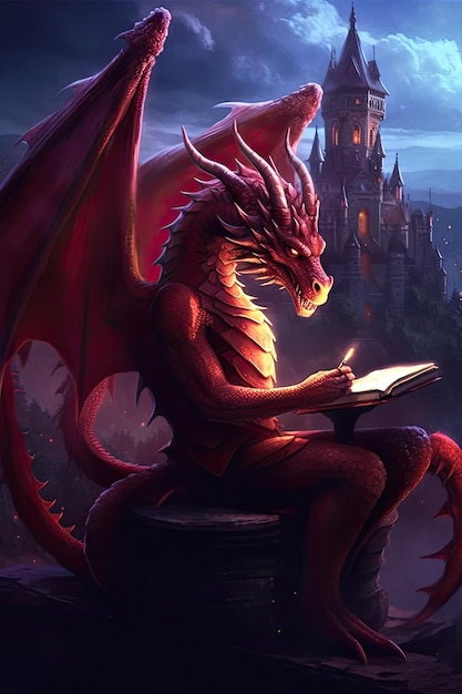 Photo picture showcasing a dragon reading a book