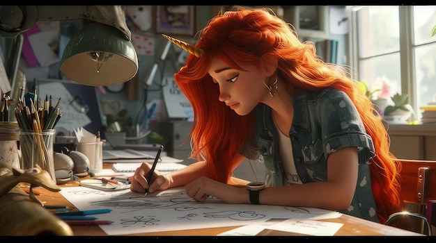 Photo picture showcasing a girl with red hair writing