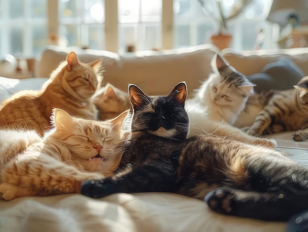 Picture showcasing a group of cats laying on a couch