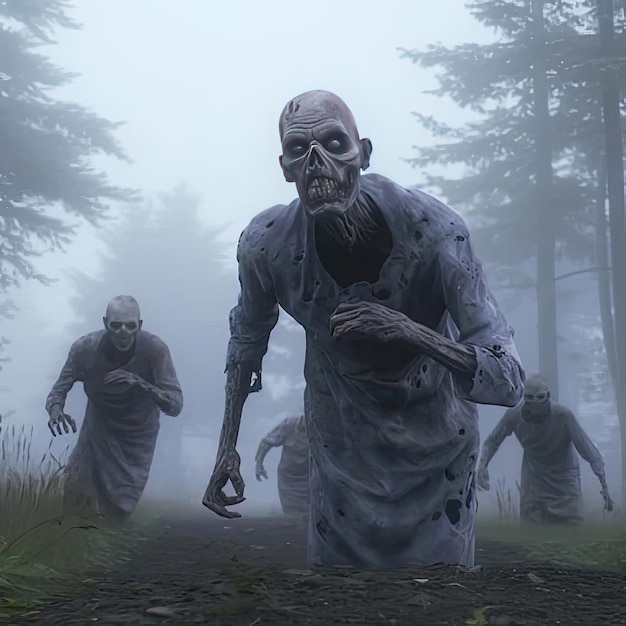 Photo picture showcasing a group of zombies walking through a forest