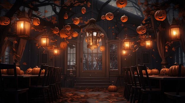 Photo picture showcasing a halloween room with pumpkins and lanterns