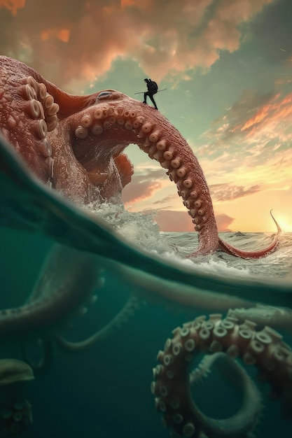 Picture showcasing a man riding an octopus