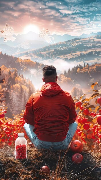 Photo picture showcasing a man sitting on a hill