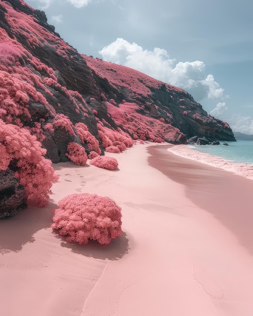 Photo picture showcasing a pink beach with a blue sky