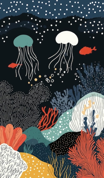 Photo picture showcasing a sea scene with jellyfishs and corals