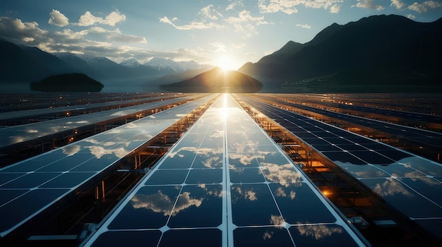 Picture showcasing a solar farm with the sun shining