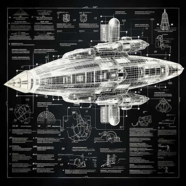 Photo picture showcasing a spaceship with a blueprint