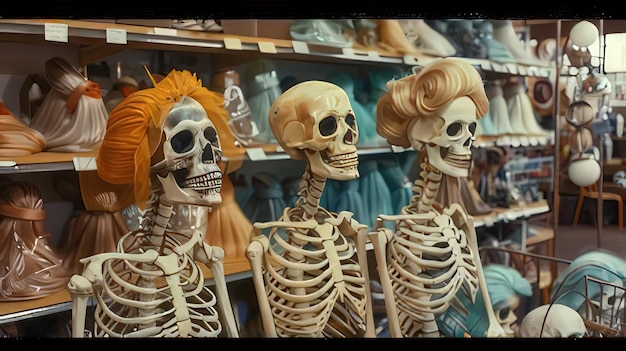 Photo picture showcasing a store with skeletons and other items